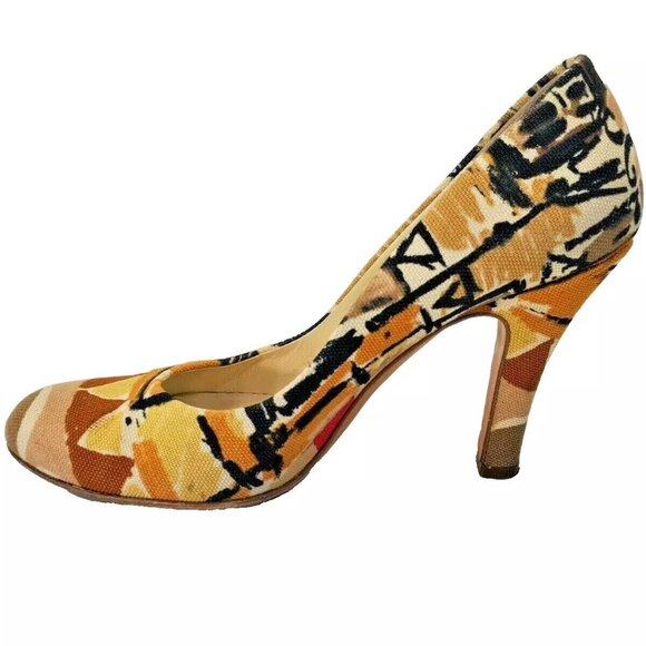 Women's 35.5 PRADA Italy Multicolor Canvas Round Toe High Heels Pumps Shoes EUC - Picture 3 of 9